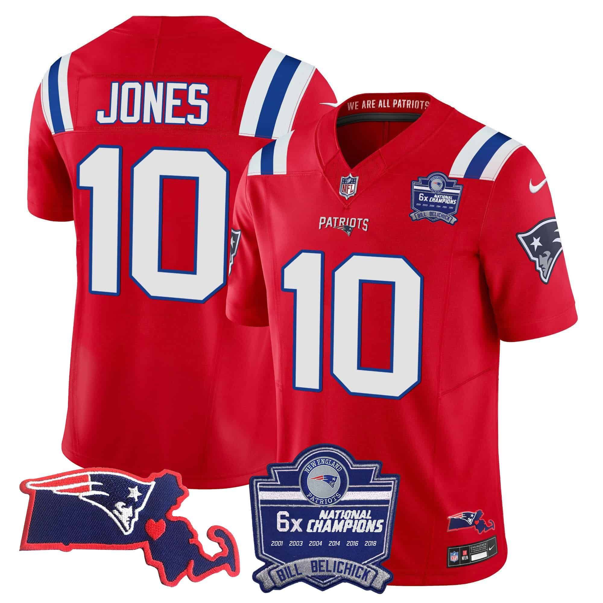 Men New England Patriots #10 Jones Red 2024 Nike 6x Champions Patch Vapor Limited NFL Jersey